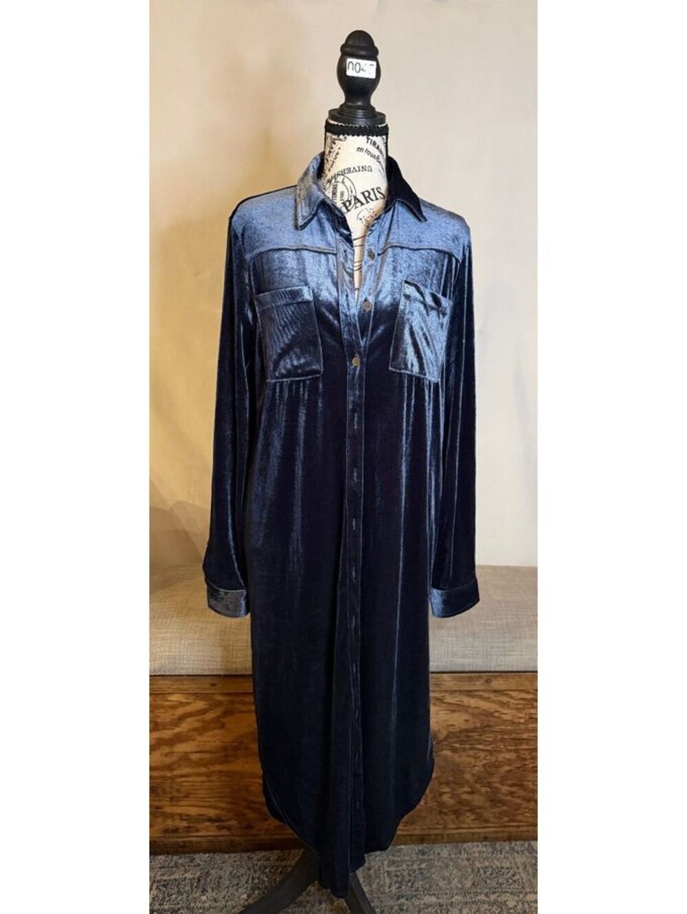 Umgee USA Navy Blue Velvet Long Sleeve Duster / Shirt Dress Size Small